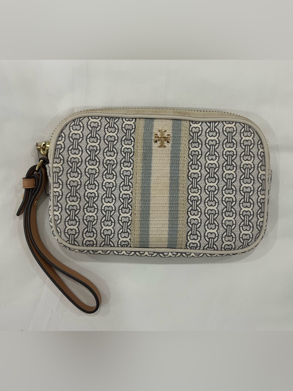 Tory Burch Cream and Light Blue Signature Canvas Wristlet with Gold Logo